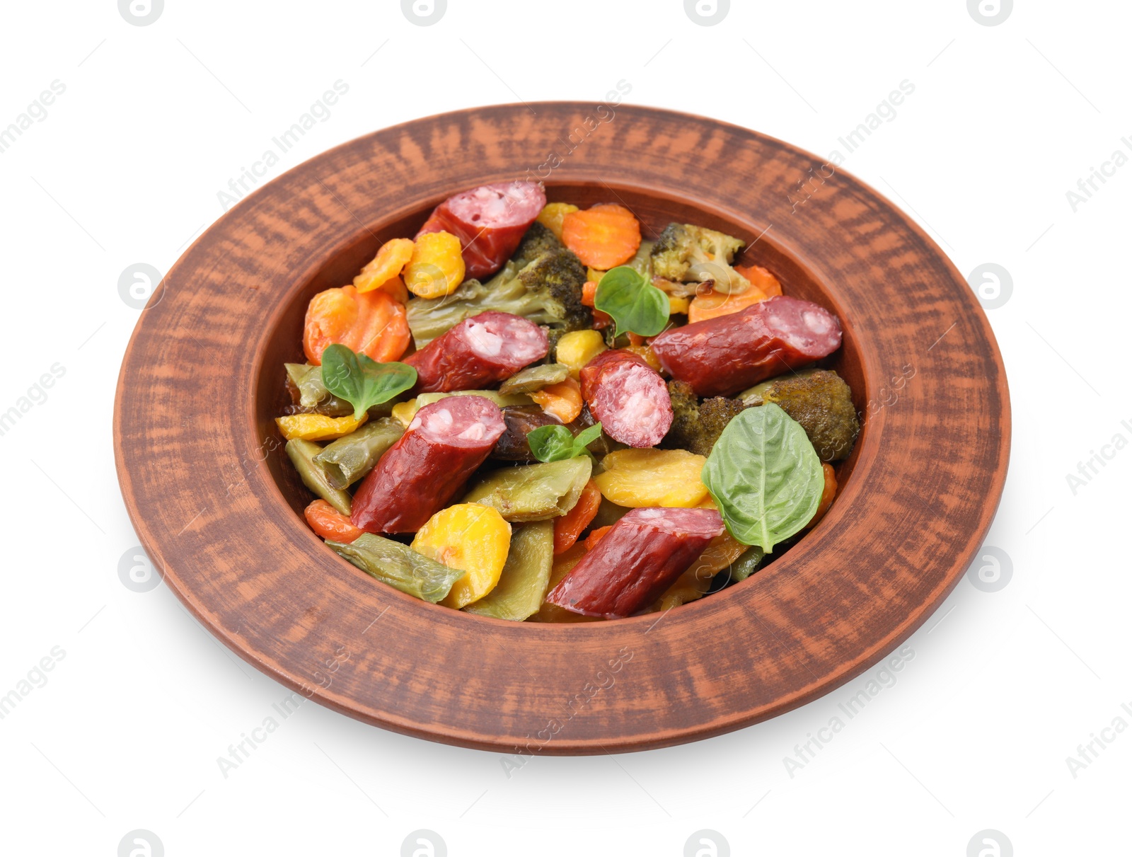 Photo of Delicious sausage and baked vegetables isolated on white