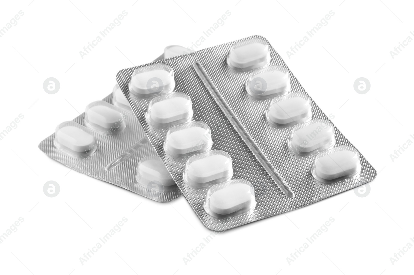 Photo of Blisters of pills on white background. Medicinal treatment