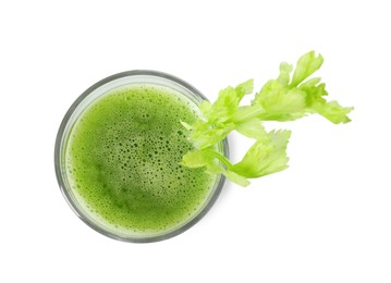 Glass of fresh celery juice on white background, top view
