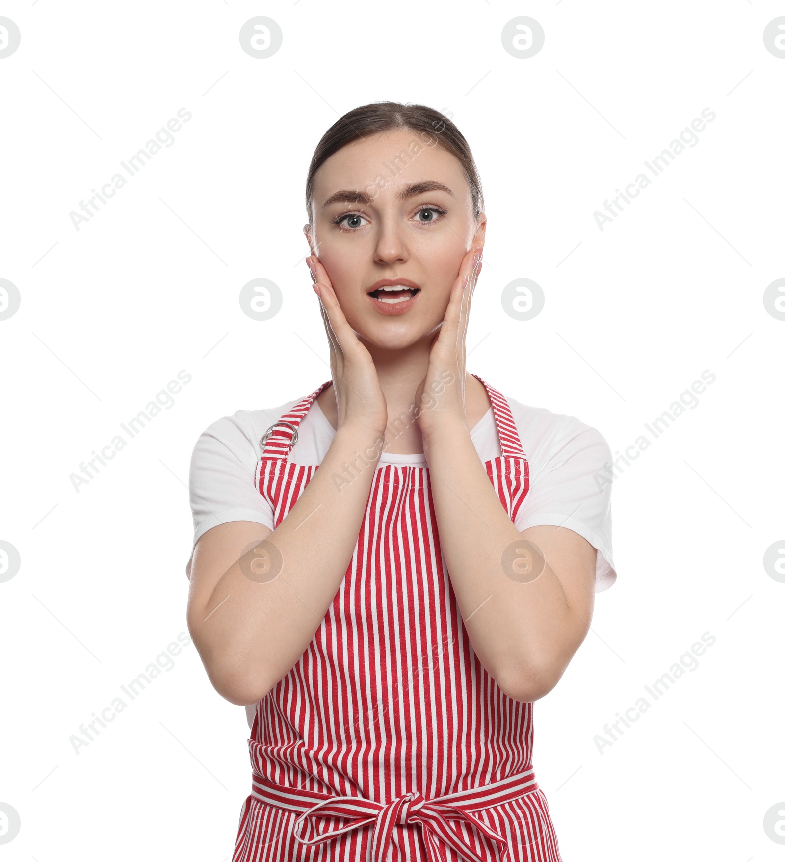 Photo of Beautiful young woman in clean striped apron on white background