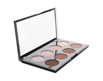 Photo of Colorful contouring palette on white background. Professional cosmetic product