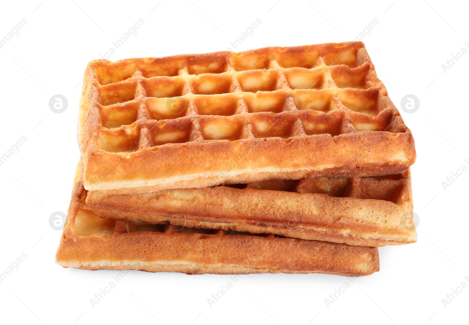 Photo of Three delicious Belgian waffles on white background