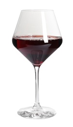 Glass of delicious expensive red wine on white background