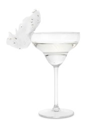 Alcohol cocktail in glass decorated with cotton candy isolated on white