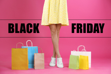 Image of Young woman with shopping bags and text BLACK FRIDAY on pink background, closeup