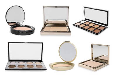 Image of Face powders and contouring palettes isolated on white. Collection of makeup products