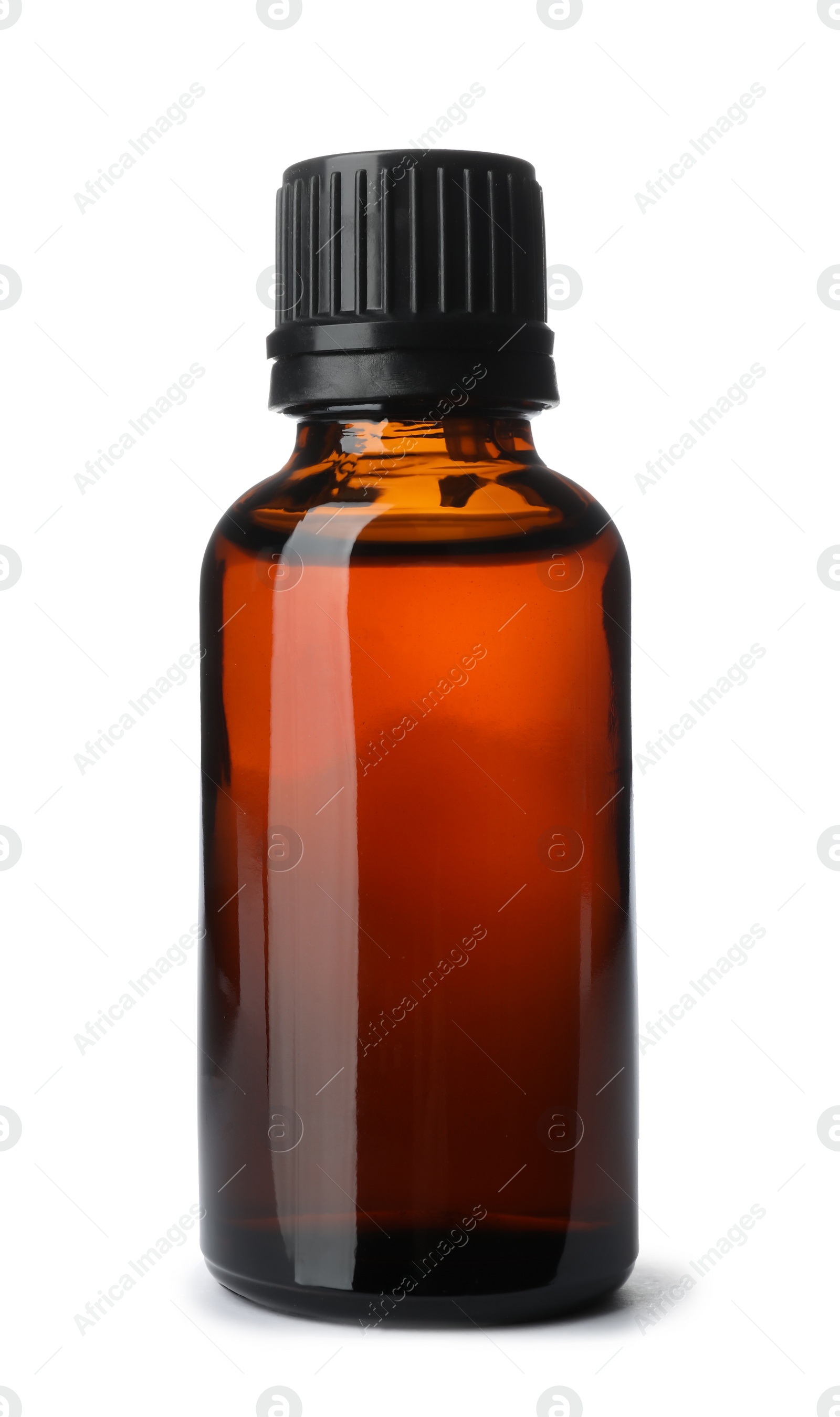 Photo of Bottle of essential oil isolated on white