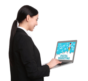 Image of Digital marketing concept. Young woman with laptop on white background