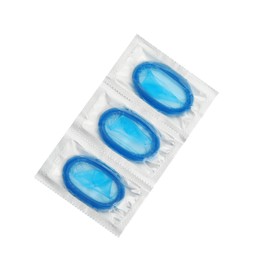 Photo of Condom packages on white background, top view. Safe sex