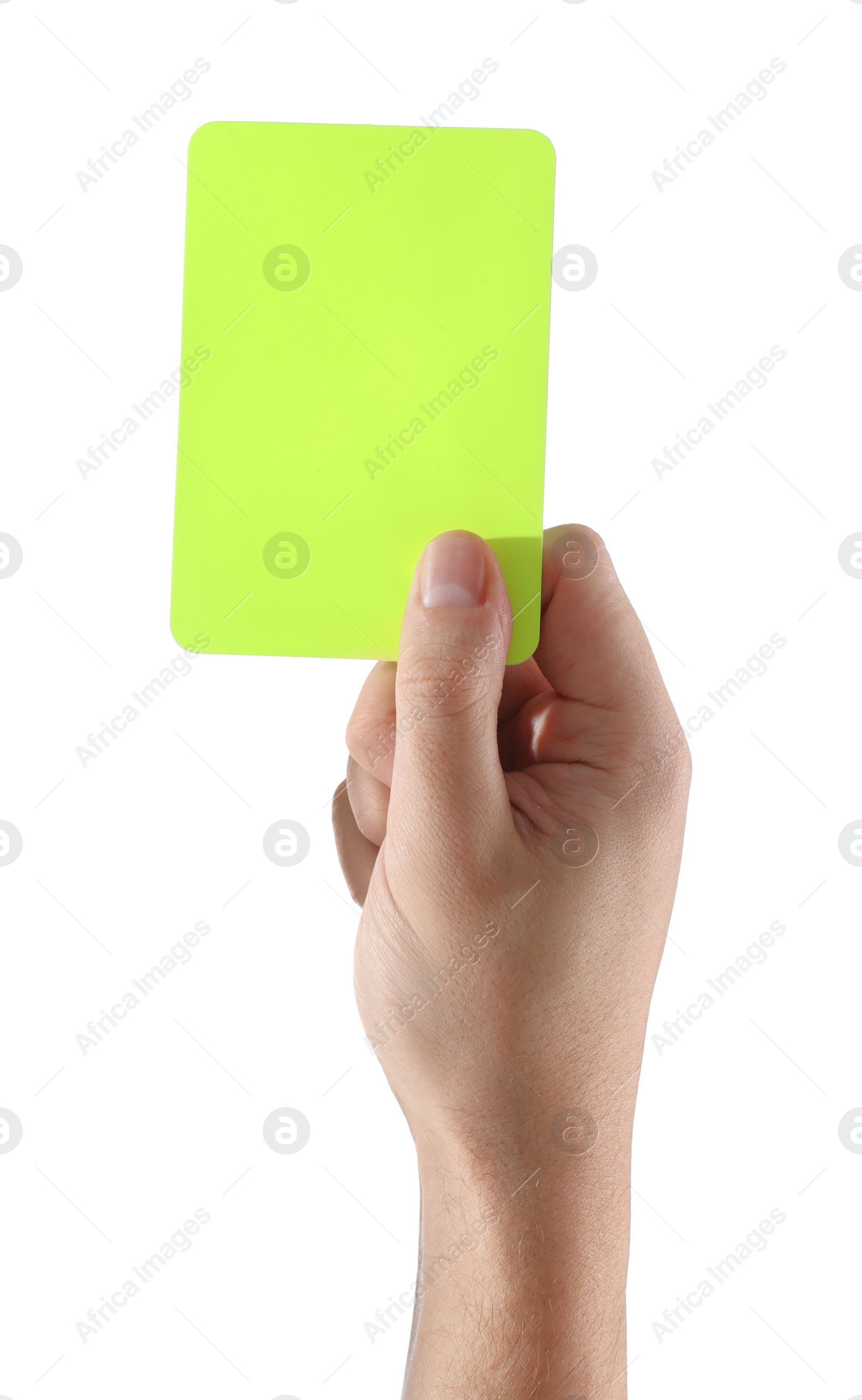 Photo of Referee holding yellow card on white background, closeup