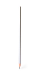 Photo of Silver wooden pencil on white background. School stationery