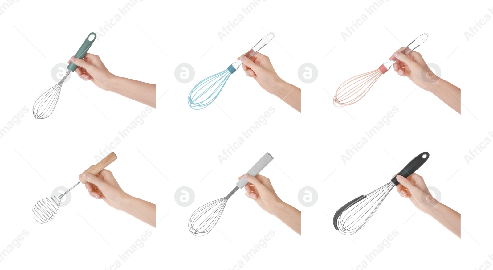 Image of Woman holding different whisks on white background, closeup. Collection of photos