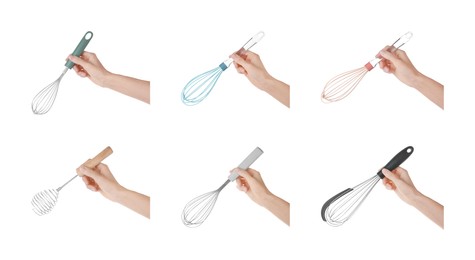 Image of Woman holding different whisks on white background, closeup. Collection of photos