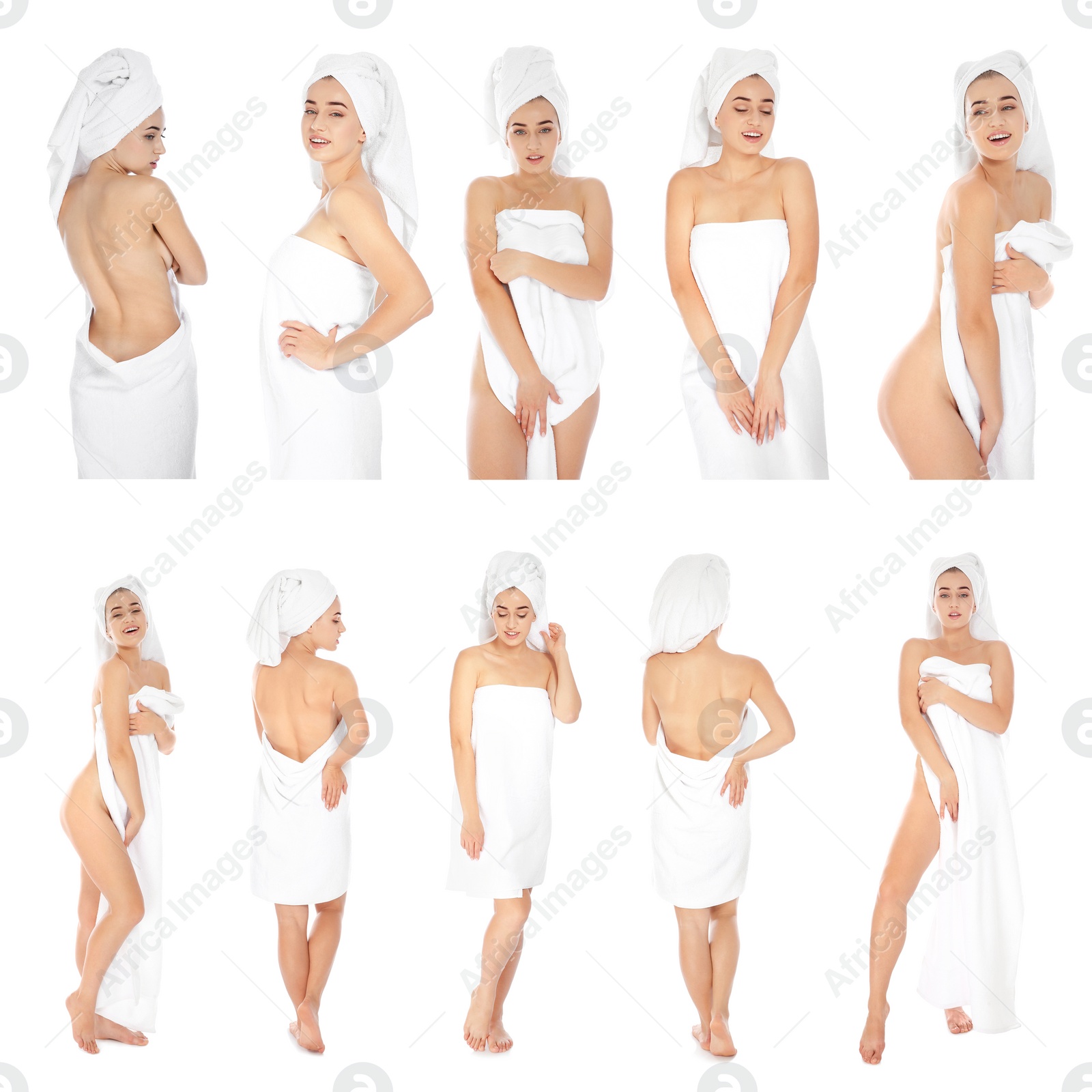 Image of Beautiful woman with towel on white background, collage