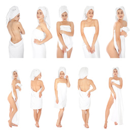 Beautiful woman with towel on white background, collage