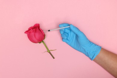 Doctor making injection to rose on pink background, top view