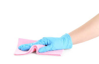 Photo of Woman in blue latex gloves with rag on white background, closeup of hand