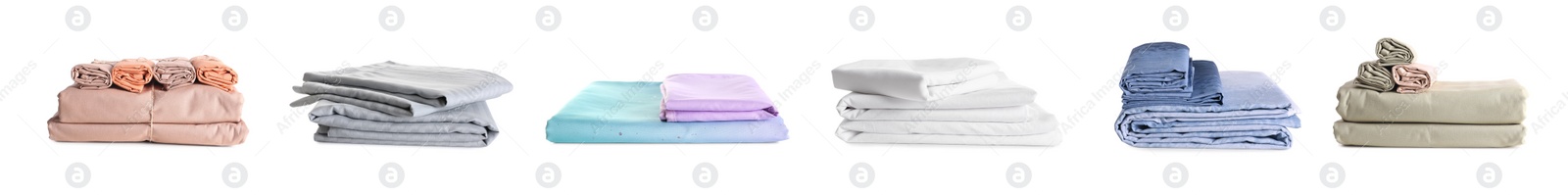 Image of Set with stacks of clean bed linen on white background. Banner design