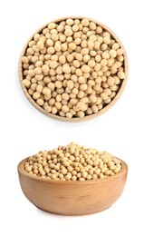Image of Soya beans  in wooden bowls on white background 