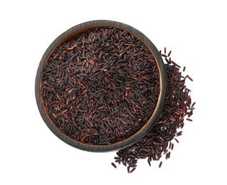 Photo of Plate with uncooked black rice on white background, top view