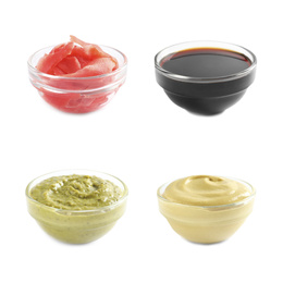 Set of different delicious sauces and condiments on white background