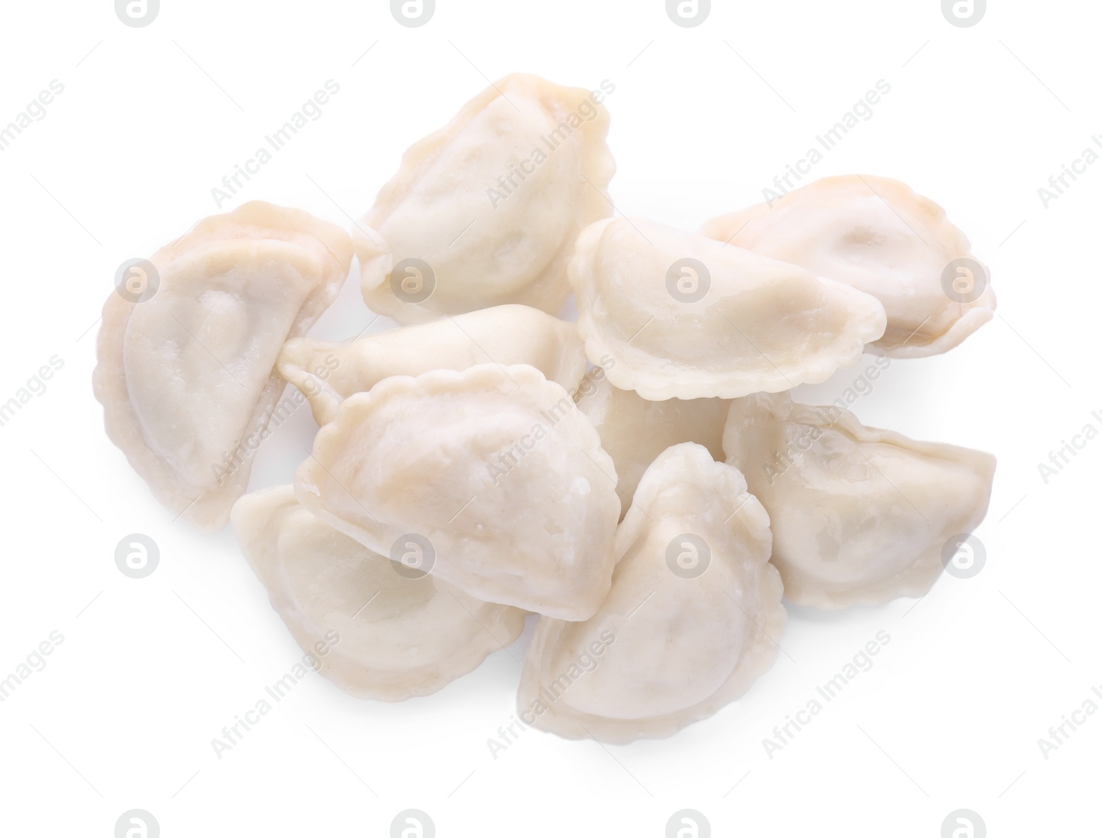Photo of Delicious dumplings (varenyky) with tasty filling on white background
