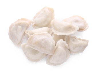 Photo of Delicious dumplings (varenyky) with tasty filling on white background