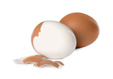 Fresh boiled eggs and shell on white background