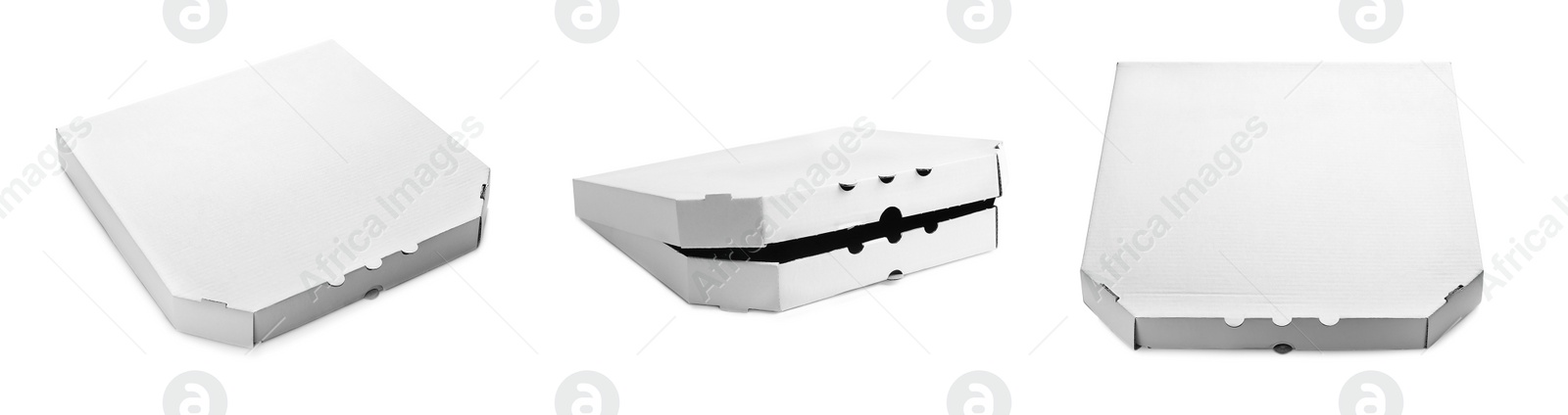 Image of Set with cardboard pizza boxes on white background. Banner design