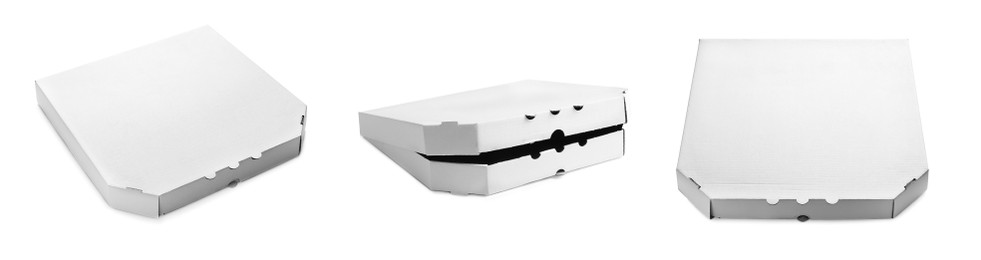 Image of Set with cardboard pizza boxes on white background. Banner design