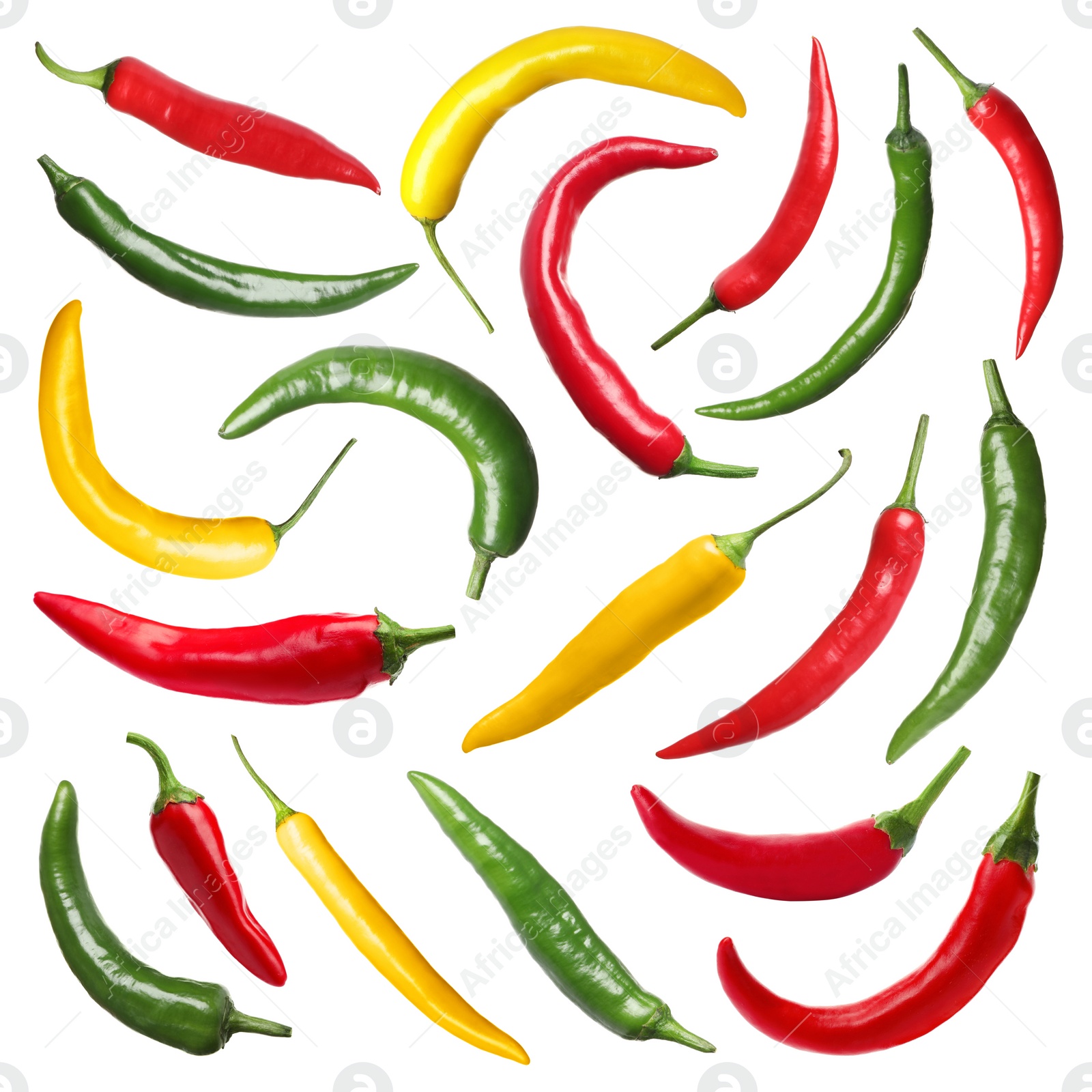 Image of Set with different hot chili peppers on white background