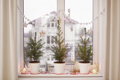 Photo of Small potted fir trees and Christmas decor on window sill indoors