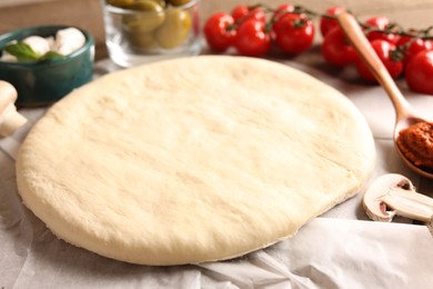 Photo of Pizza dough and products on table, closeup