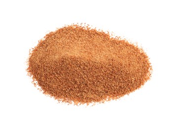 Photo of Pile of natural coconut sugar on white background, top view