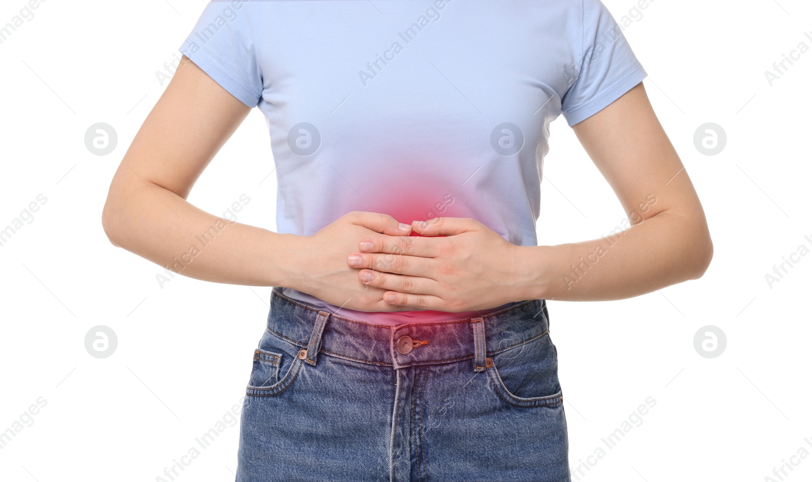 Image of Woman suffering from stomach pain on white background, closeup