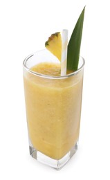 Glass of tasty pineapple smoothie isolated on white