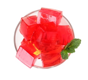 Dessert bowl with red jelly on white background, top view