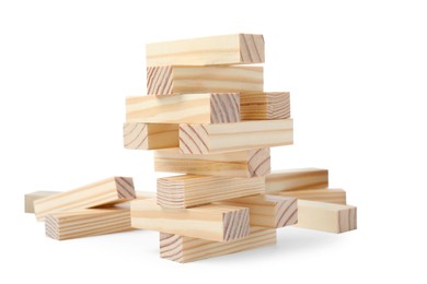 Photo of Jenga tower made of wooden blocks on white background