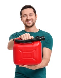 Photo of Man holding red canister on white background