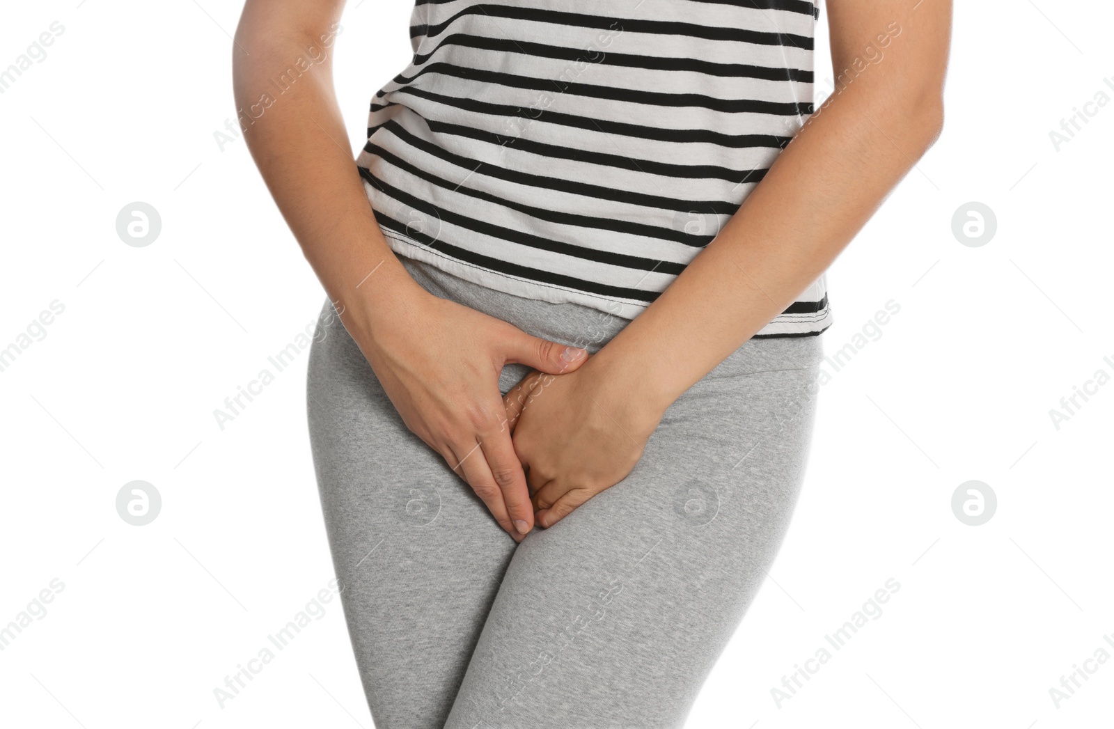 Photo of Woman suffering from genital herpes on white background, closeup