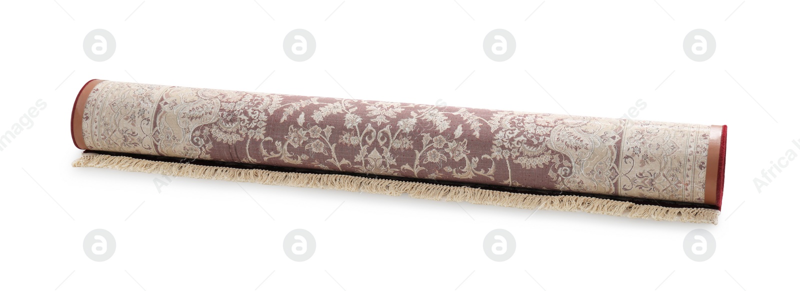 Photo of Rolled carpet on white background. Interior element