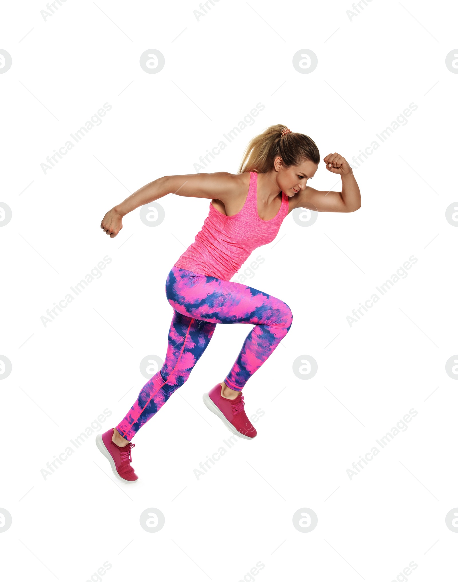 Photo of Sporty young woman running on white background