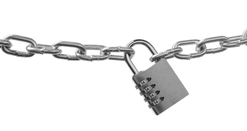 Photo of Steel combination padlock and chain isolated on white