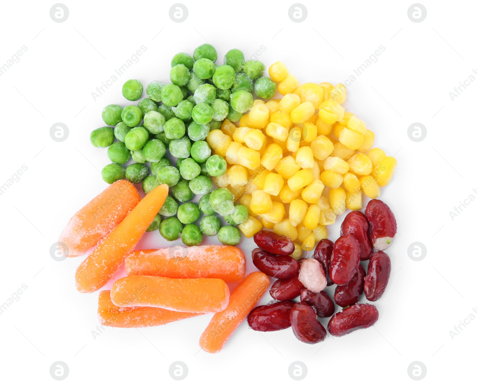 Photo of Mix of frozen vegetables on white background, top view