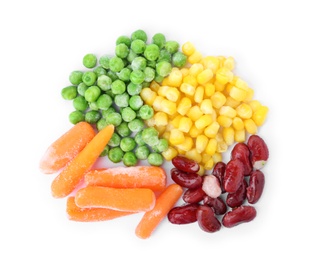 Mix of frozen vegetables on white background, top view