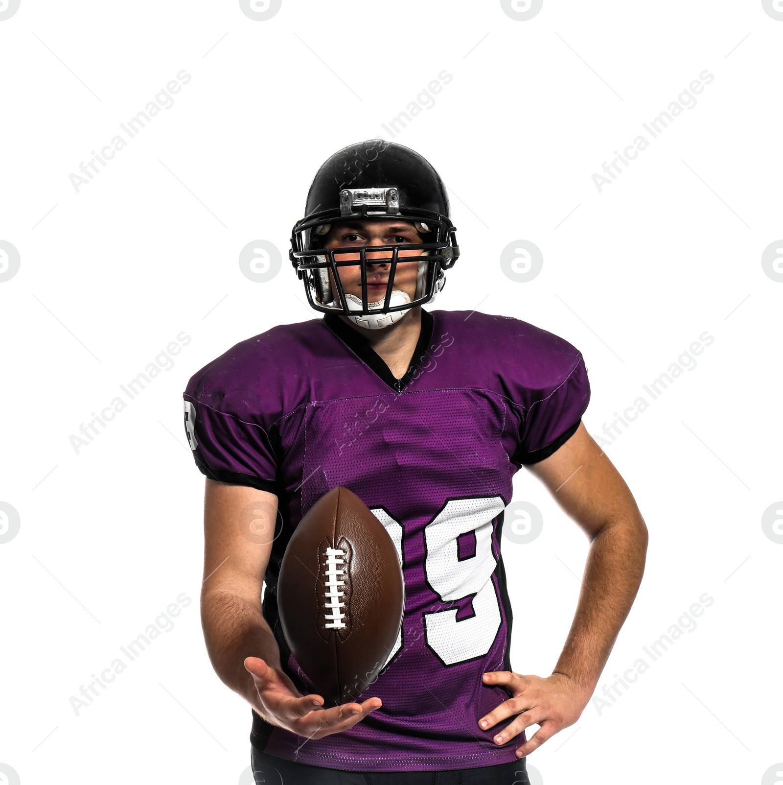 Photo of American football player with ball on white background