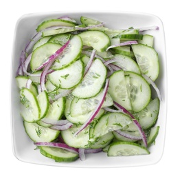 Fresh tasty salad with cucumber in bowl on white background, top view