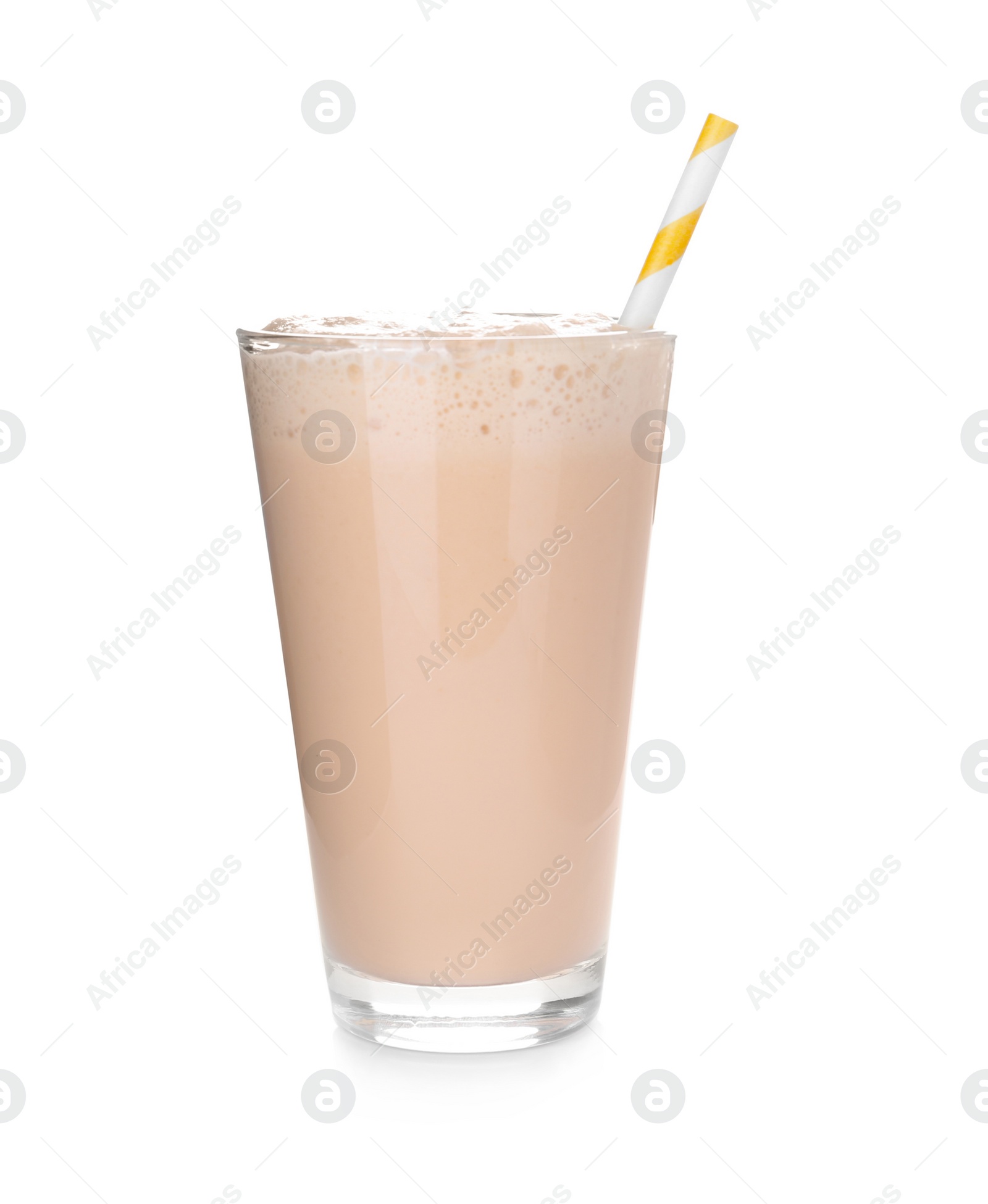 Photo of Glass with delicious milk shake on white background