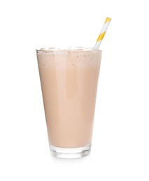 Photo of Glass with delicious milk shake on white background