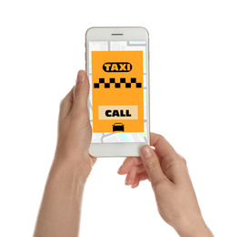 Photo of Woman ordering taxi with smartphone on white background, closeup